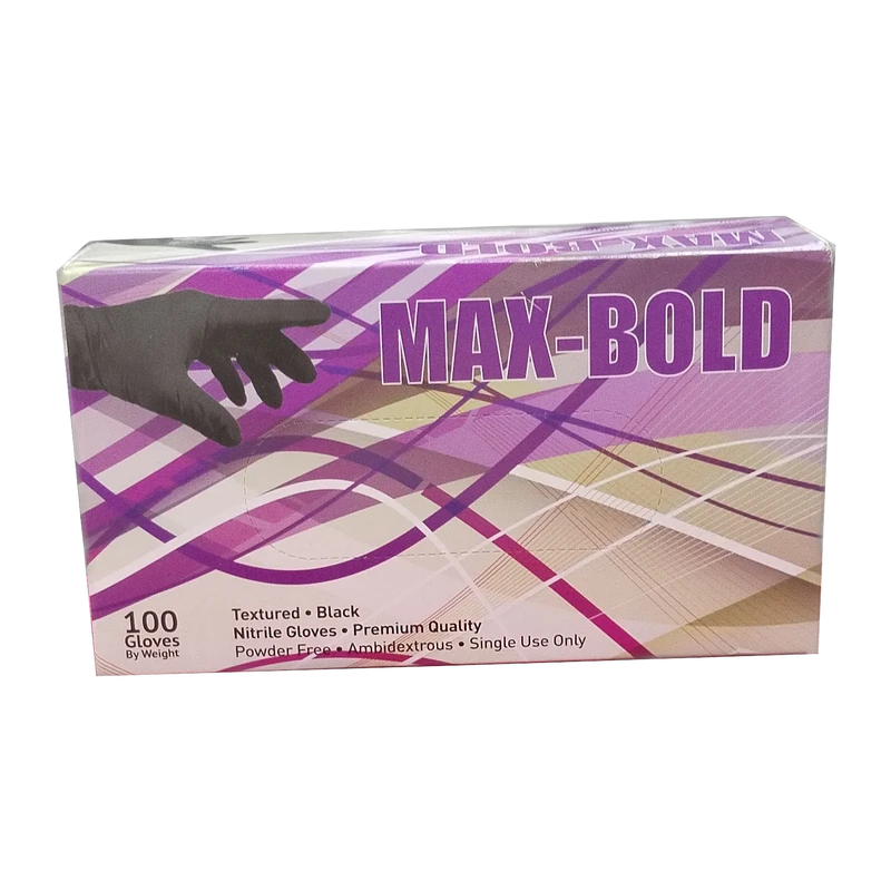 Guantes de Nitrilo Texturizados Max-Bold Negros - Caja de 100 Unidades